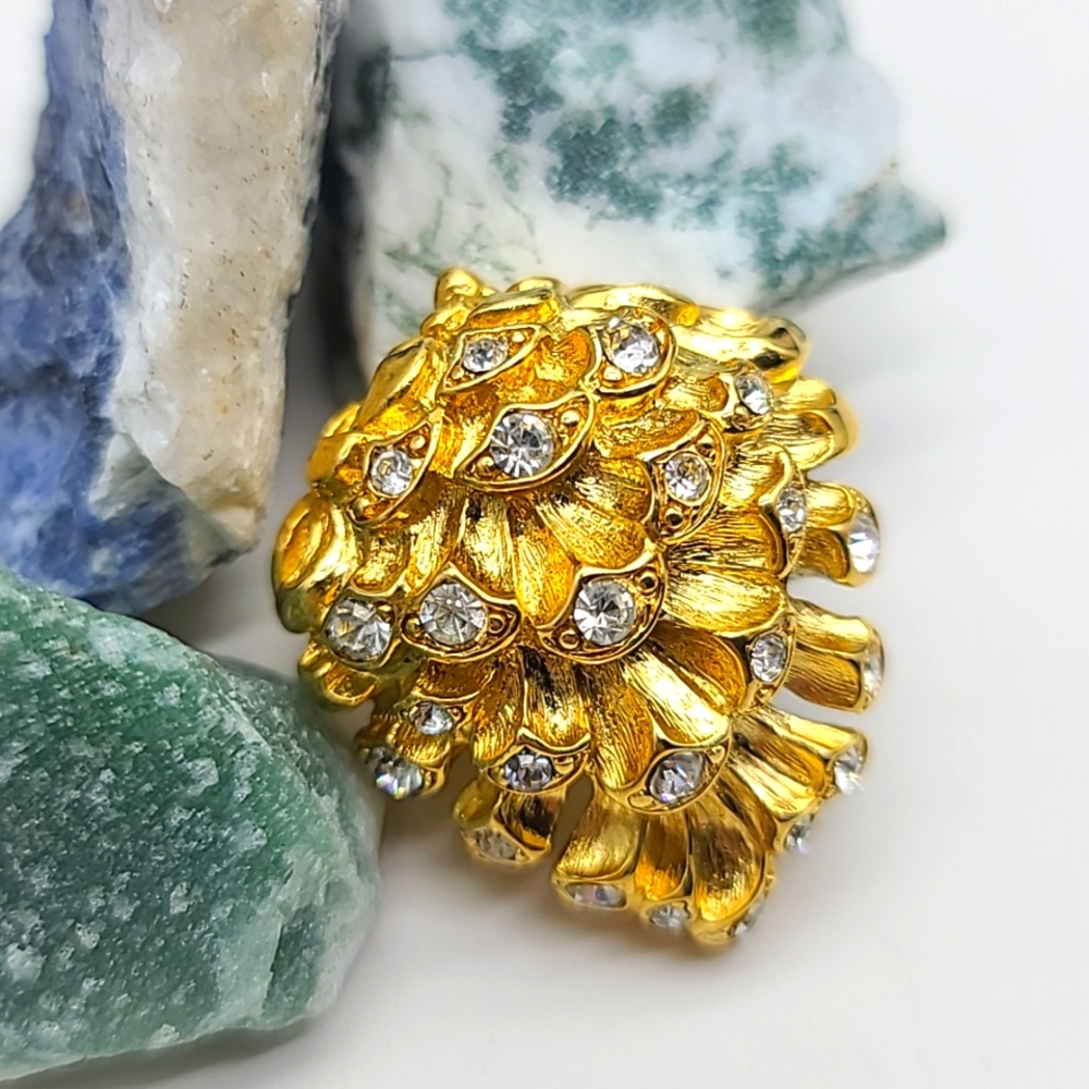 Super Bright! Trifari 1980's Gold Pinecone Brooch with Rhinestones! Great Gift!